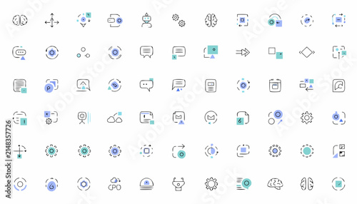 Vector line icon set of artificial intelligence and machine learning technology concepts with blue and teal accents