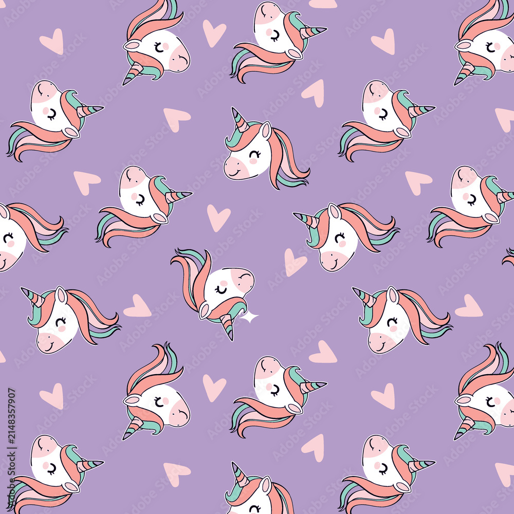 Obraz premium Cute unicorn heads with flowing manes and pink hearts scattered on a lavender background seamless pattern