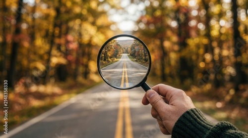 Forest road viewed through a magnifying glass, representing self-understanding and improved decisions through reflection.
