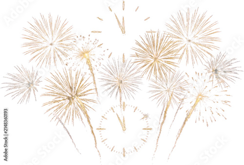 golden fireworks bursting in the night sky with a clock showing new year celebration