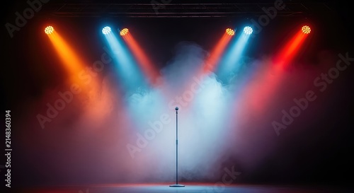 Vibrant stage illuminated by colorful spotlights in shades of orange, blue, and red piercing through a thick layer of hazy smoke, dramatic, concert, studio