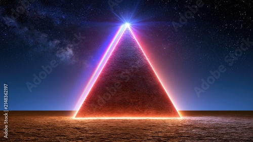 Mysterious glowing pyramid under a starry night sky, symbolizing ancient mystery and cosmic energy.