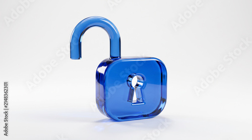 Blue glass open padlock icon signifying security and access.