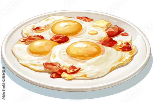 Fried eggs with tomatoes served on white plate