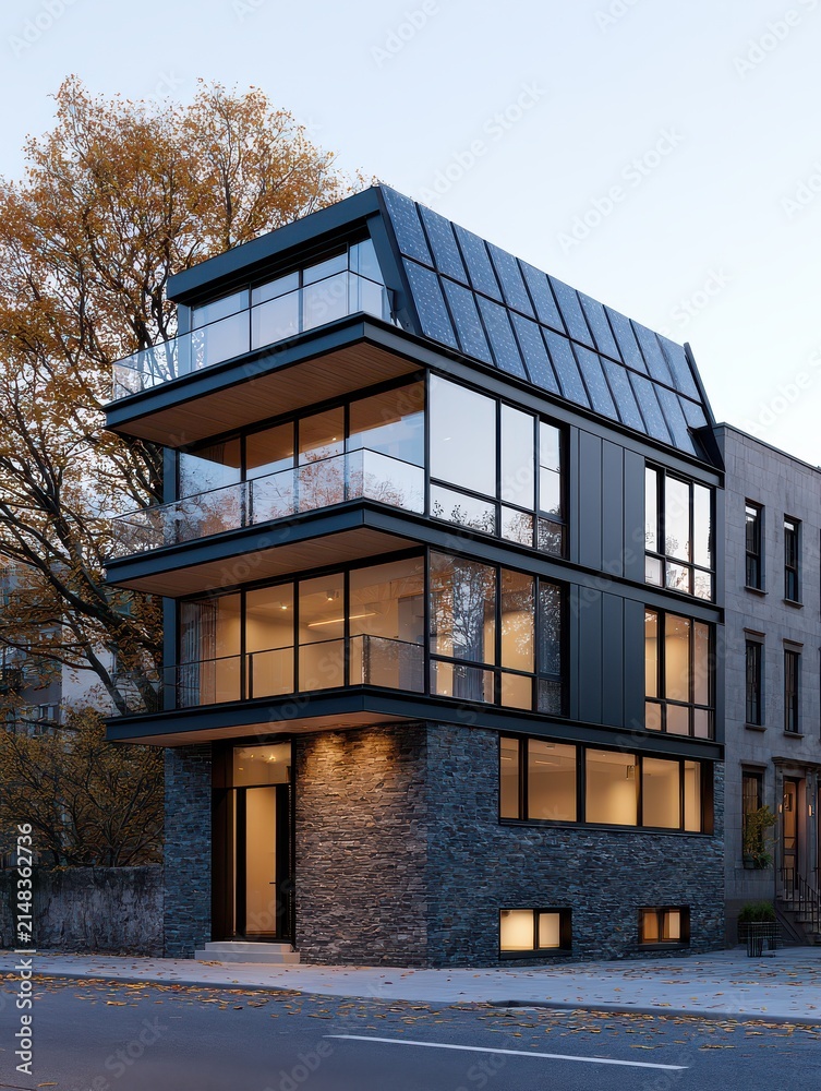 Fototapeta premium Corner residential building with sloped solar roof and glass balconies