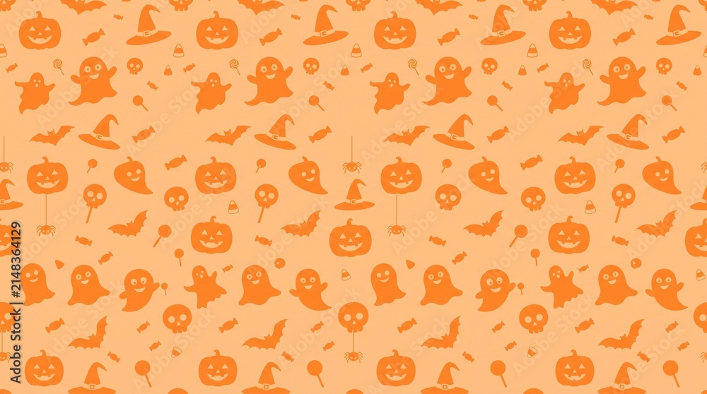 Fun spooky halloween seamless vector pattern featuring pumpkins, ghosts, bats, hats, skulls, spiders, and candies on an orange