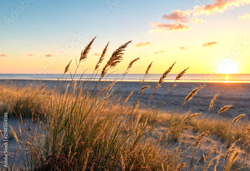 Beautiful sunset over a serene beach with tall grasses swaying in the breeze and golden light