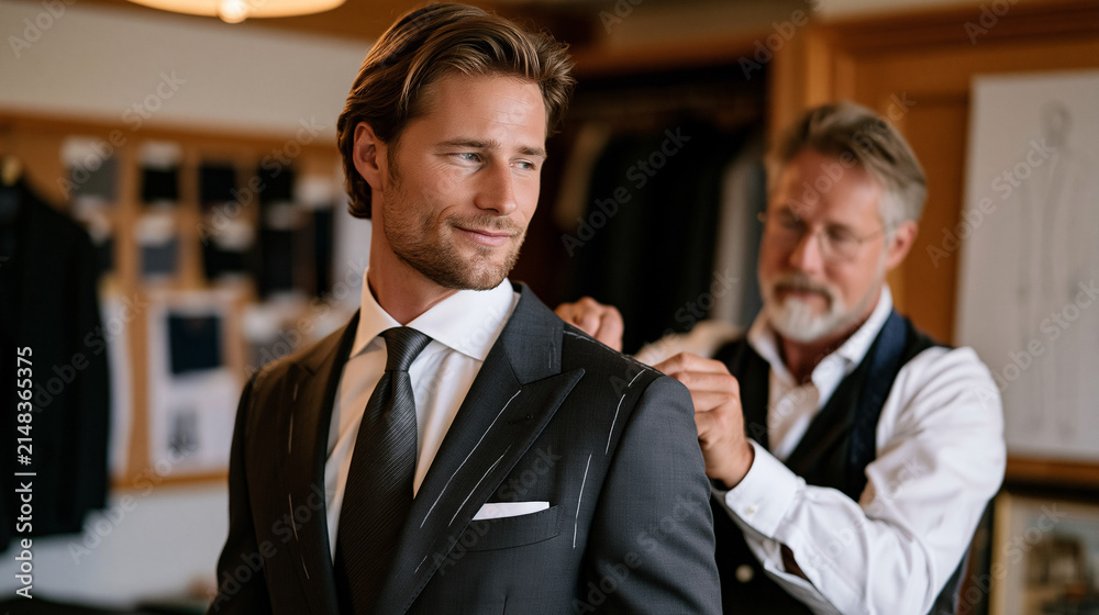 Fototapeta premium Bespoke suit tailor measuring the shoulder seam of a groom during a final fitting, chalk marks visible on the lapel, a pinboard of fabric swatches and design sketches on the wall,