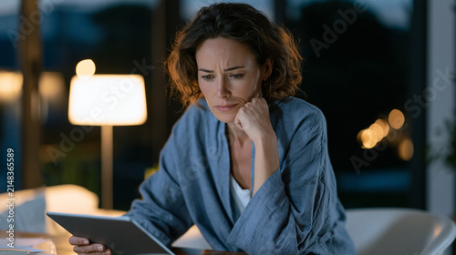 parent staring at tablet showing child's screen activity report late at night at desk, lamplight only, guilt expression visible, digital parenting anxiety, screen time monitoring,