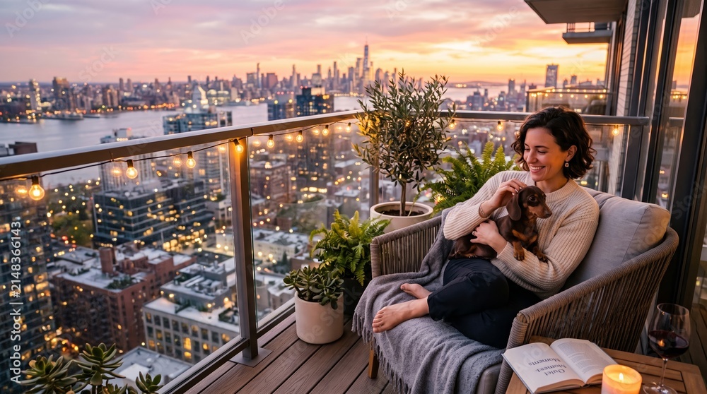 Fototapeta premium Woman relaxing with dog on balcony. City skyline view at sunset with cozy home atmosphere.
