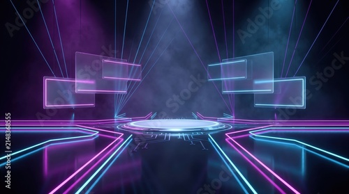Stage platform illuminates with vibrant purple and blue neon lights.