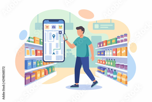 Man Using Mobile Navigation App in Grocery Store
