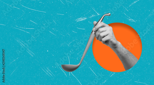 Fotografie Art collage featuring a hand holding a ladle against a bright background