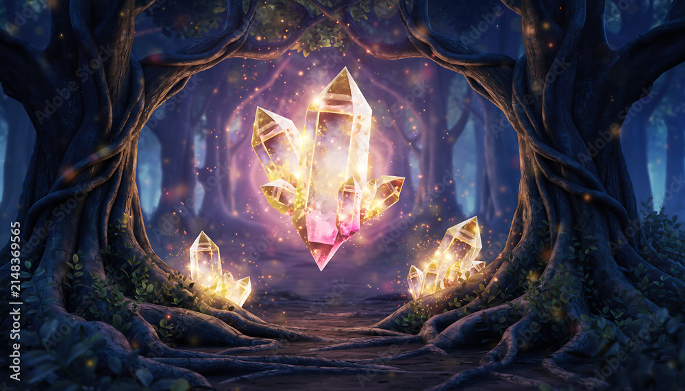 Fototapeta premium Magical glowing crystal floating in a dark enchanted forest with sparkling light and old tree roots, fantasy concept art