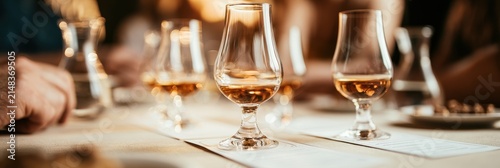 Whiskey Tasting Event with Nosing Glasses and Warm Bokeh