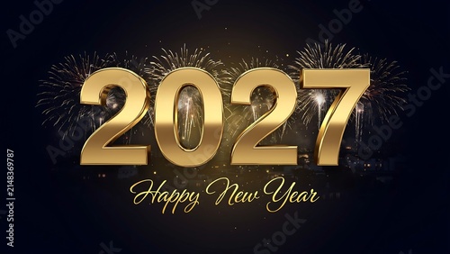Happy new year 2027 celebration with fireworks and golden text