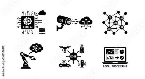 Edge AI Icons, IoT Security Camera, Network Node, Robotic Arm, Drone, Local Processing Laptop Set