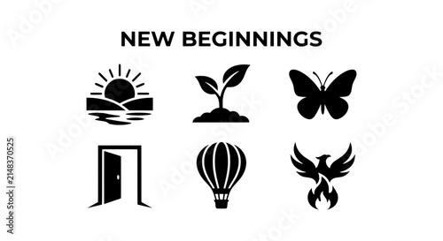 New Beginnings Icons: Sunrise, Sprout, Butterfly, Open Door, Hot Air Balloon, Phoenix