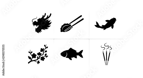 Asian Culture Icons: Dragon, Sushi, Koi Fish, Cherry Blossom, Incense Sticks, Vector Set