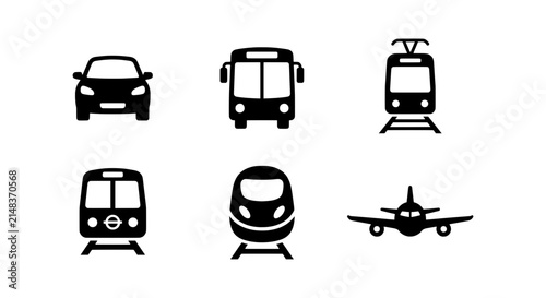 Modern Transportation Icons: Car, Bus, Tram, Train, Subway, Airplane Vector Set