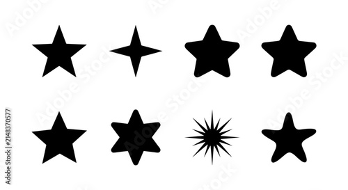 Black Star Icons Set, Simple Geometric Shapes, Festive Sparkle Elements, Award Symbols, Vector Graphics