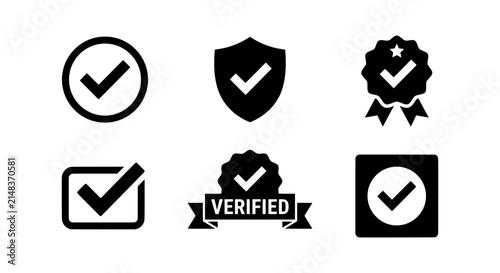 Verified Checkmark Icons Set, Approval Stamp, Guarantee Badge, Quality Seal, Confirmation Symbol