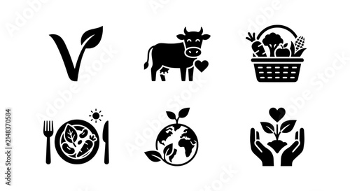 Vegan Lifestyle Icons, Plant-Based Diet Symbols, Vegetarian Food Graphics, Healthy Eating Concepts