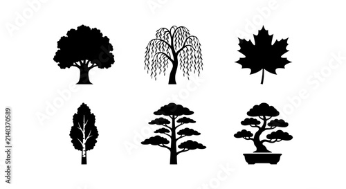 Black Silhouette Trees and Maple Leaf Vector Icons, Nature Elements Set