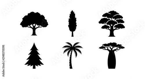Diverse Tree Silhouettes Collection, Nature Icons, Botanical Vector Set, Forest Elements