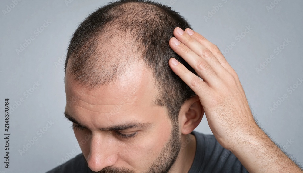 Fototapeta premium A close up portrait of a middle aged man checking his receding hairline and thinning hair