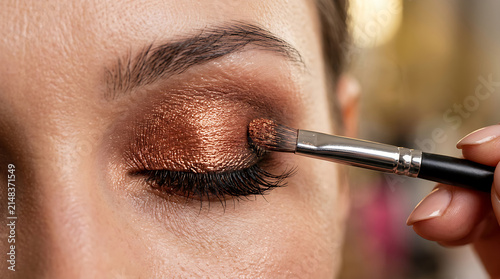 Woman applying shiny copper glitter eyeshadow with a small makeup brush on her eyelid for a glamorous party look