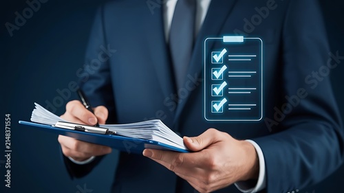 Businessman in a formal suit holding a clipboard with a digital holographic checklist showing four green check marks in a office setting