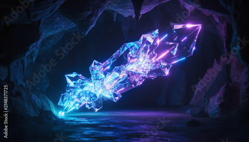 Magical glowing neon blue and purple crystal floating in a dark underground cave, sci-fi fantasy concept art