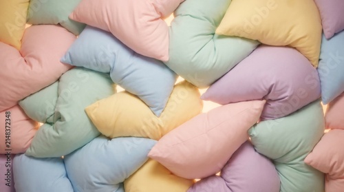 Soft pastel pillows stacked in a cozy pile