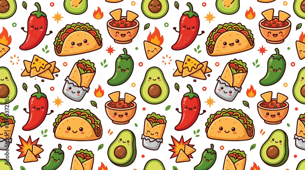 Obraz premium Cute Kawaii Mexican Food Pattern Isolated