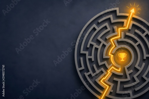 Maze with glowing path leading to trophy symbolizing success and achievement in problem-solving