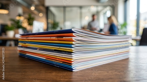 Business marketing and advertising print materials featuring a stack of colorful magazines and brochures on a table.
