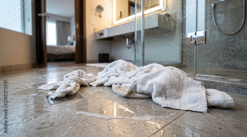 Wet towels on bathroom floor in modern hotel room  