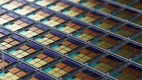 Naklejka Silicon wafer with computer microchips and processor dies