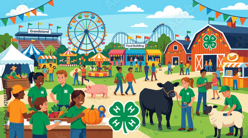 4-H Fair Scene: Kids, Animals, Rides, Food Stalls, Ferris Wheel