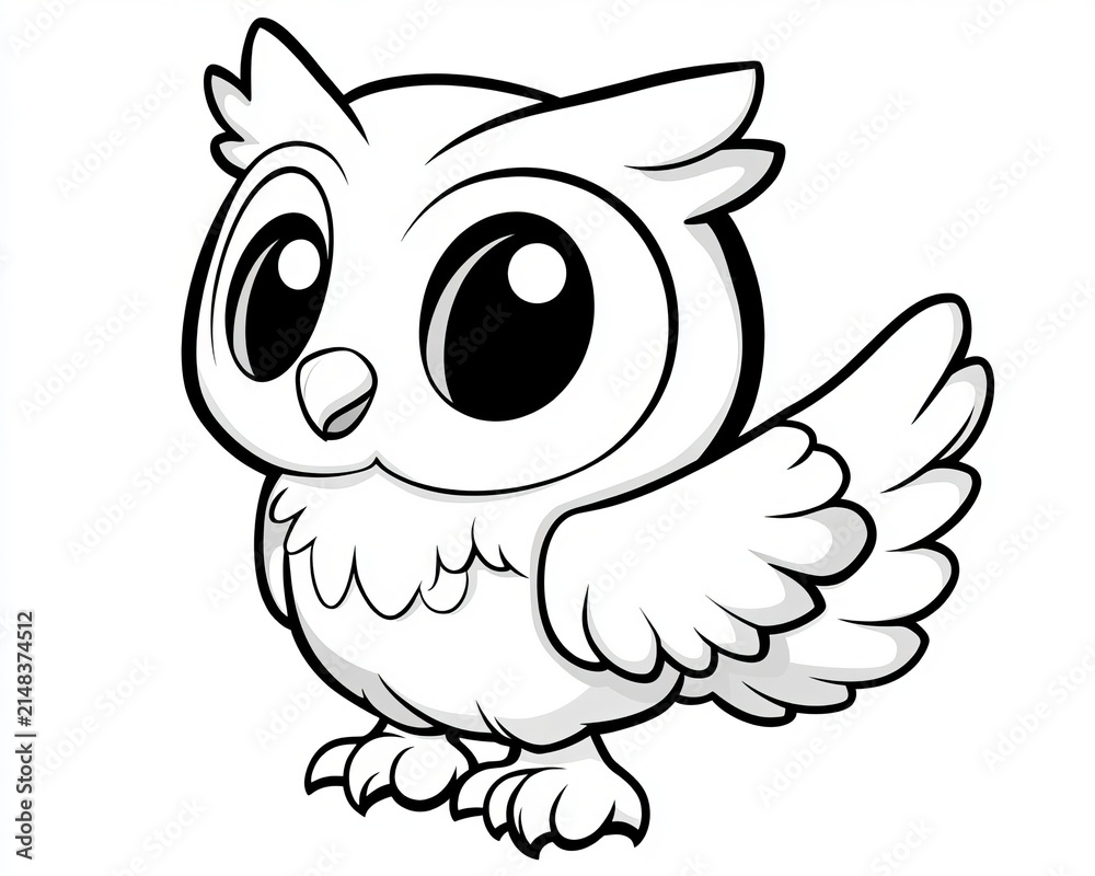 Obraz premium Black outline illustration of a cute cartoon baby owl presented on a clean solid white background.