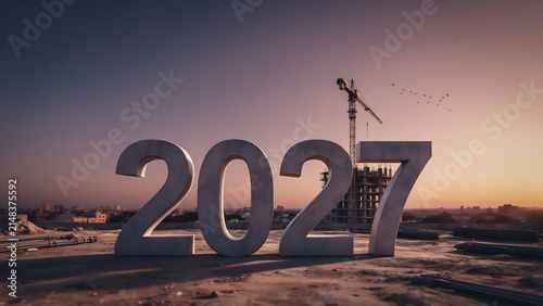 Large 2027 year sign at sunset with flag