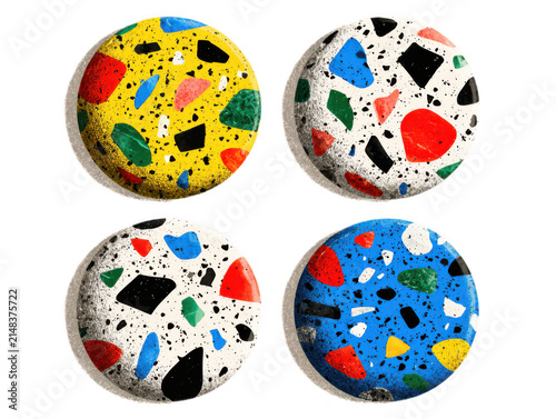 Colorful Terrazzo Pattern Round Buttons Isolated on White