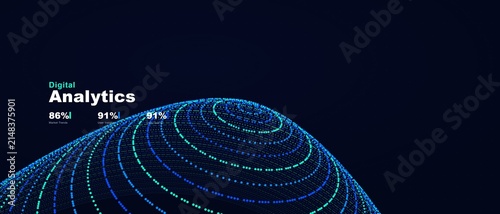 Abstract digital globe showing business statistics with glowing blue particles on a dark tech space