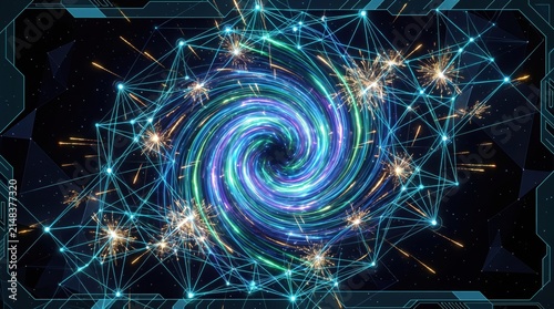 Digital vortex swirls with interconnected nodes and glowing light particles.