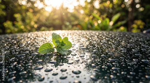 Fresh mint leaves on a rainy surface at golden hour