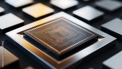 Modern computer processor chip on a dark electronic board