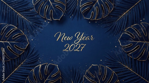 Tropical leaves framed in gold surround the text for the new year event.
