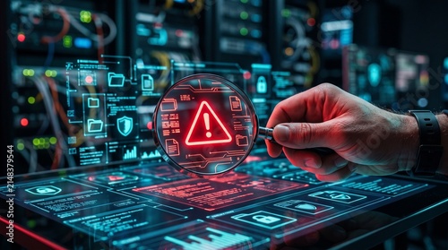 Warning triangle scanned in cybersecurity data center interface