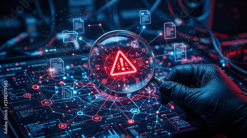Gloved hand inspecting cyber threat warning in network interface